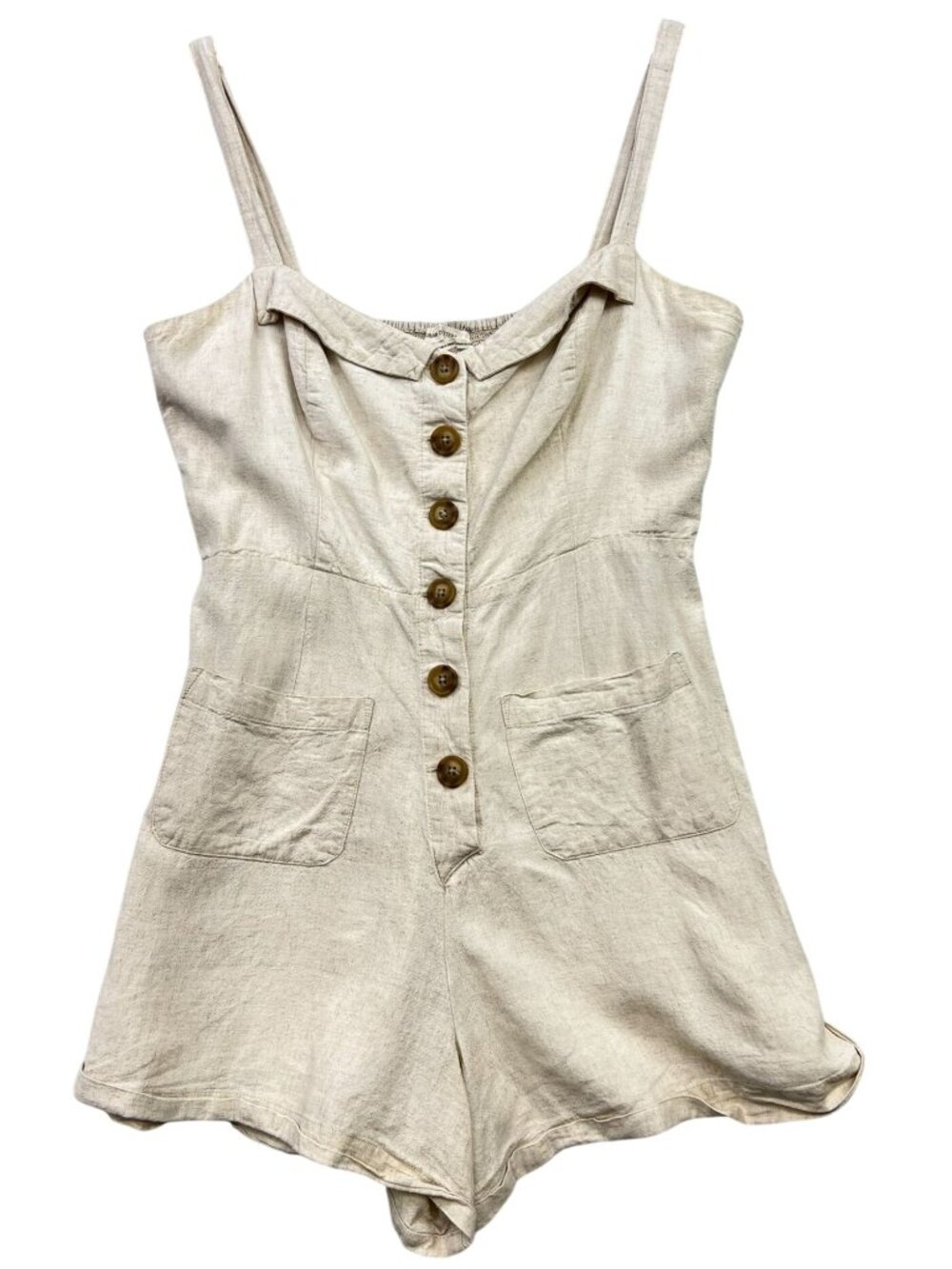 Urban Outfitters Womens Billie Button-Front Linen Romper Sleeveless Size M Beige